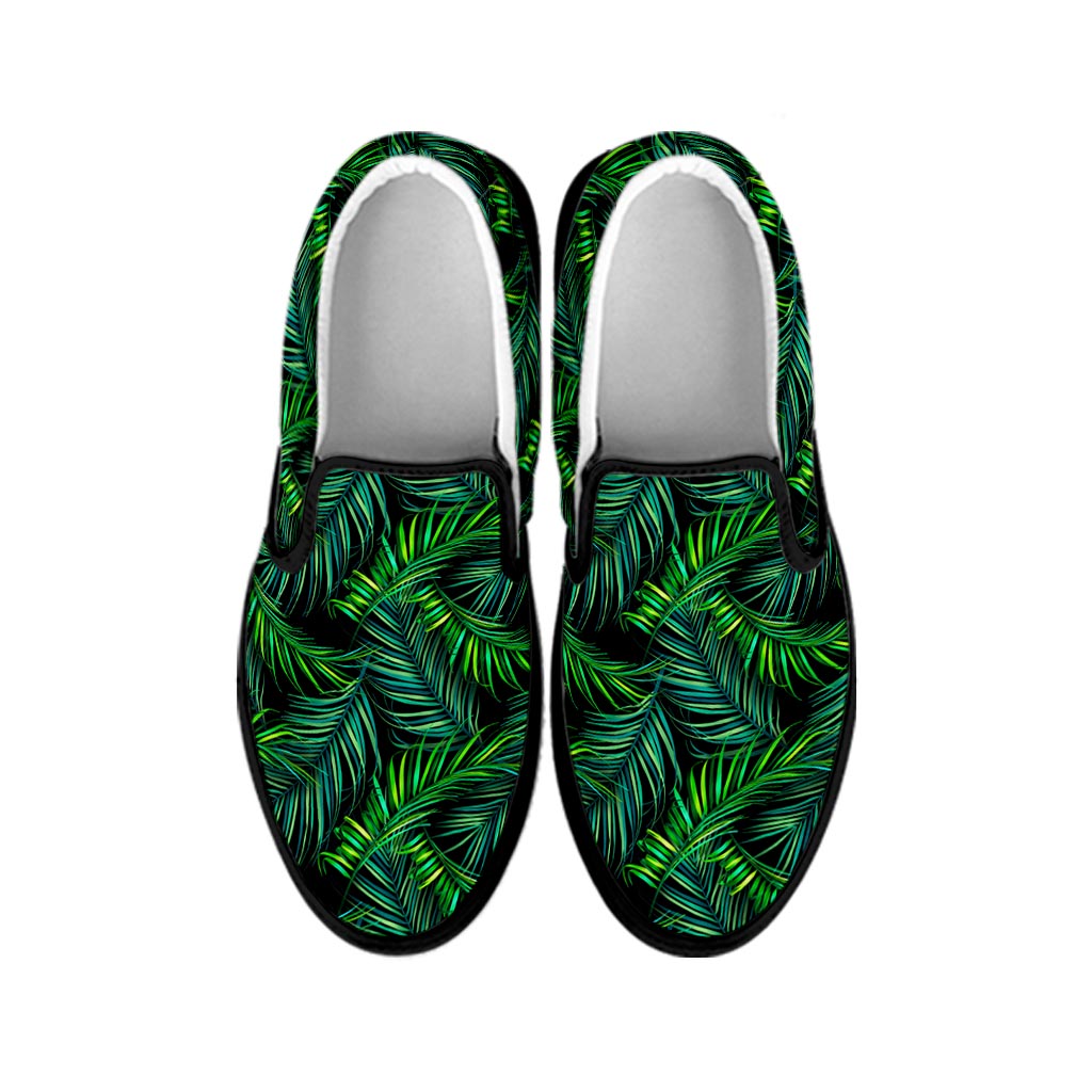 Night Tropical Palm Leaves Pattern Print Black Slip On Sneakers