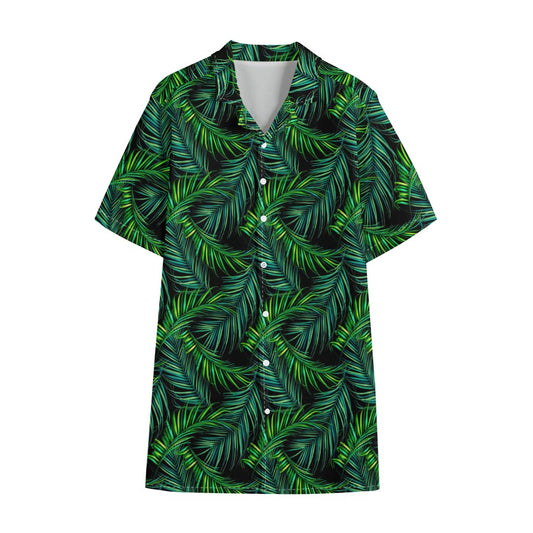 Night Tropical Palm Leaves Pattern Print Cotton Hawaiian Shirt