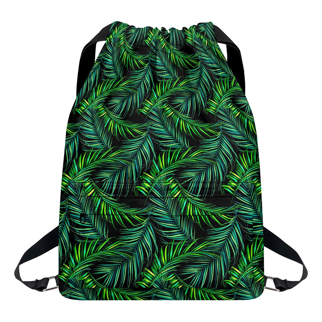 Night Tropical Palm Leaves Pattern Print Drawstring Backpack
