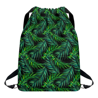 Night Tropical Palm Leaves Pattern Print Drawstring Backpack