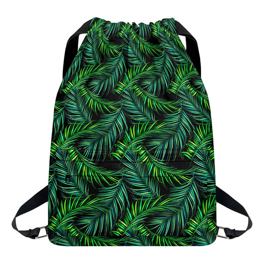 Night Tropical Palm Leaves Pattern Print Drawstring Backpack