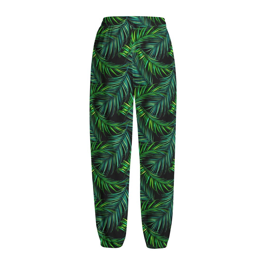 Night Tropical Palm Leaves Pattern Print Fleece Lined Knit Pants