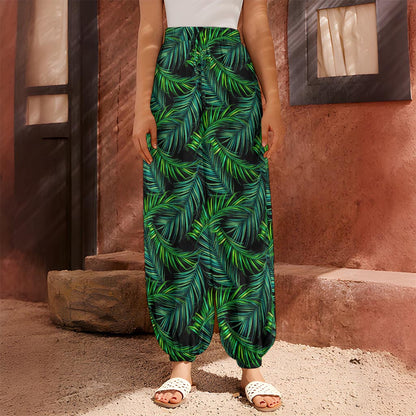 Night Tropical Palm Leaves Pattern Print Harem Pants
