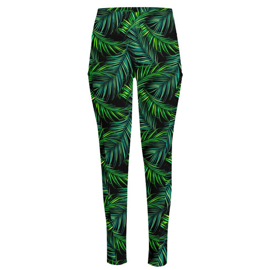 Night Tropical Palm Leaves Pattern Print High-Waisted Pocket Leggings