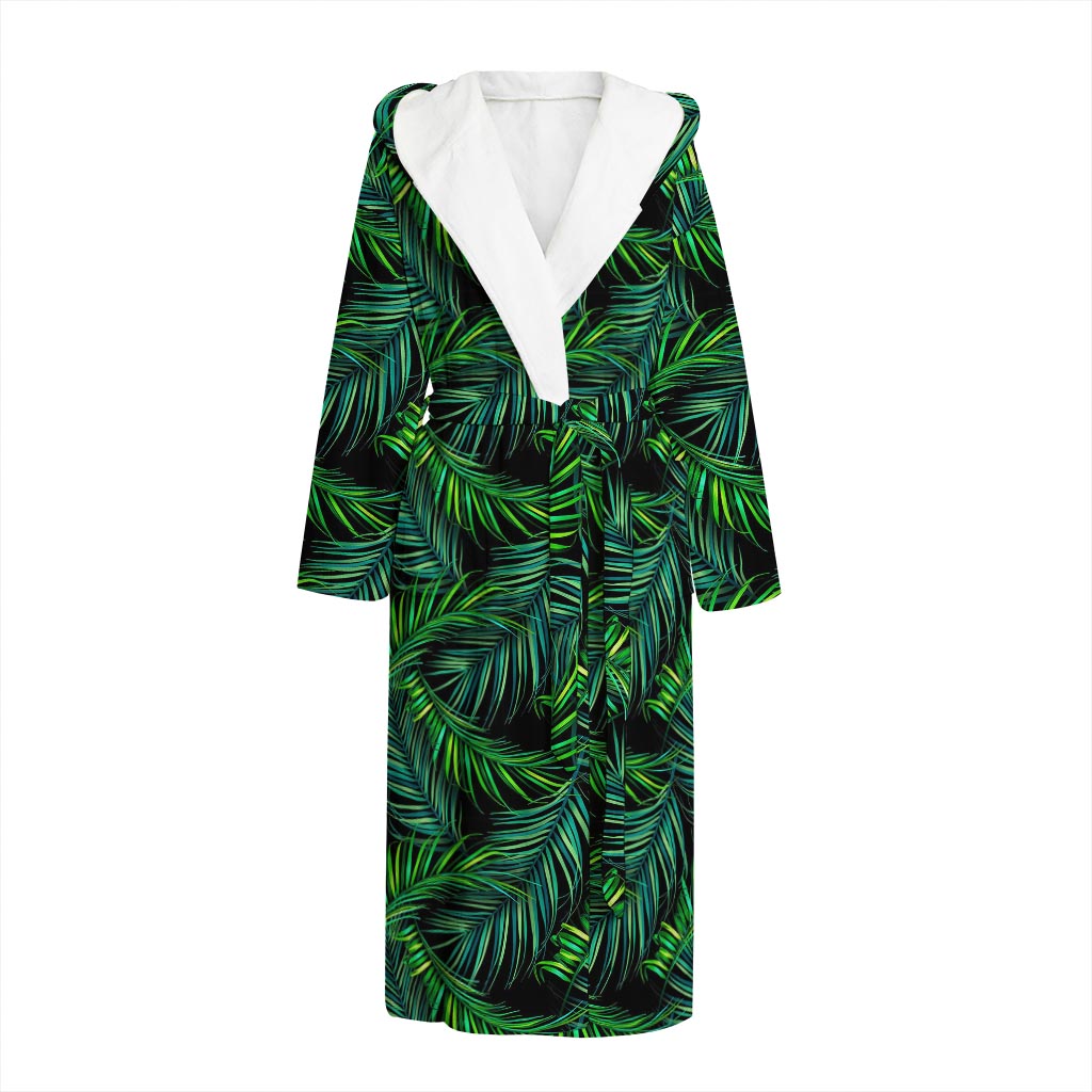 Night Tropical Palm Leaves Pattern Print Hooded Bathrobe