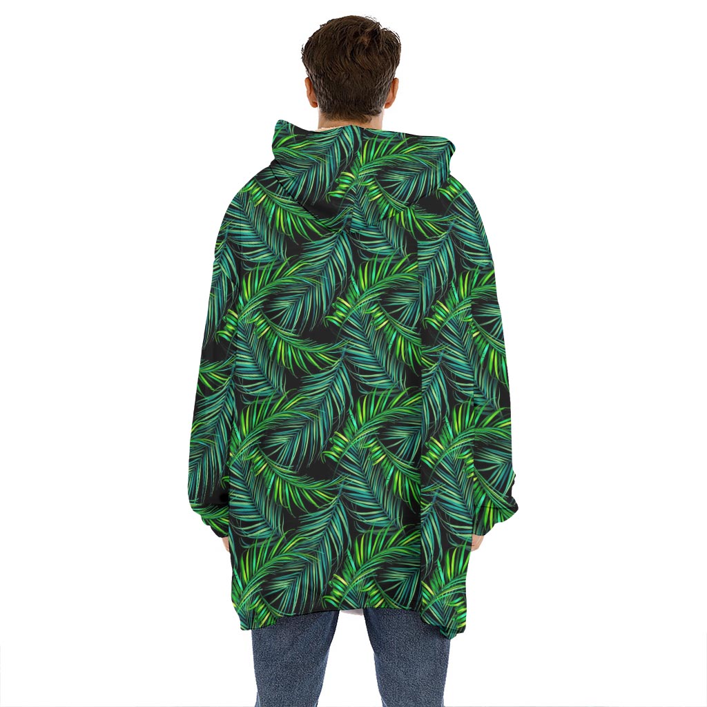 Night Tropical Palm Leaves Pattern Print Hoodie Blanket