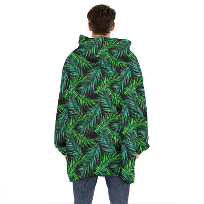 Night Tropical Palm Leaves Pattern Print Hoodie Blanket