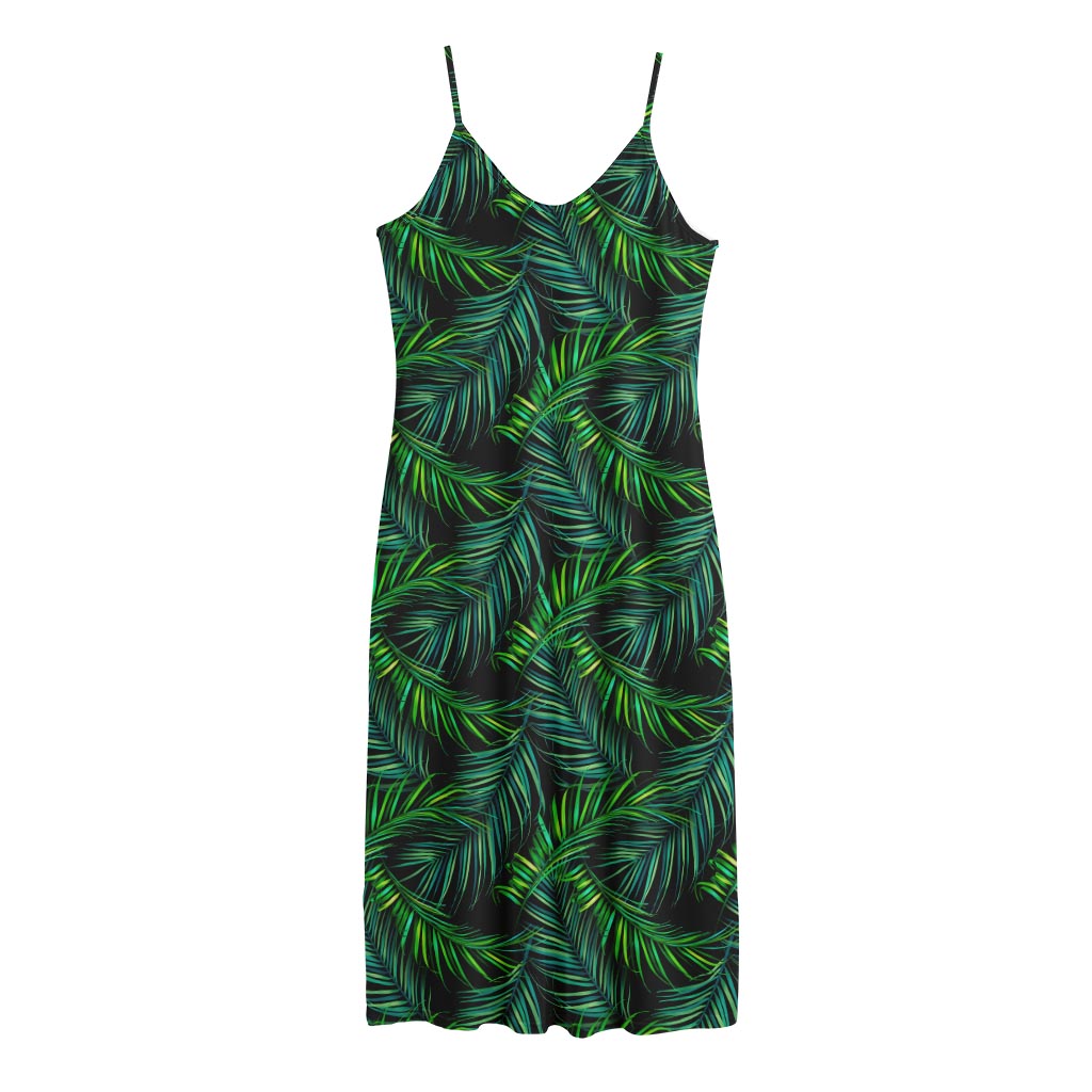 Night Tropical Palm Leaves Pattern Print Jersey Midi Cami Dress