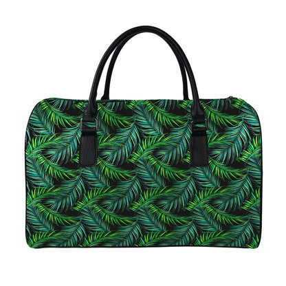 Night Tropical Palm Leaves Pattern Print Leather Duffle Bag