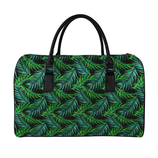 Night Tropical Palm Leaves Pattern Print Leather Duffle Bag