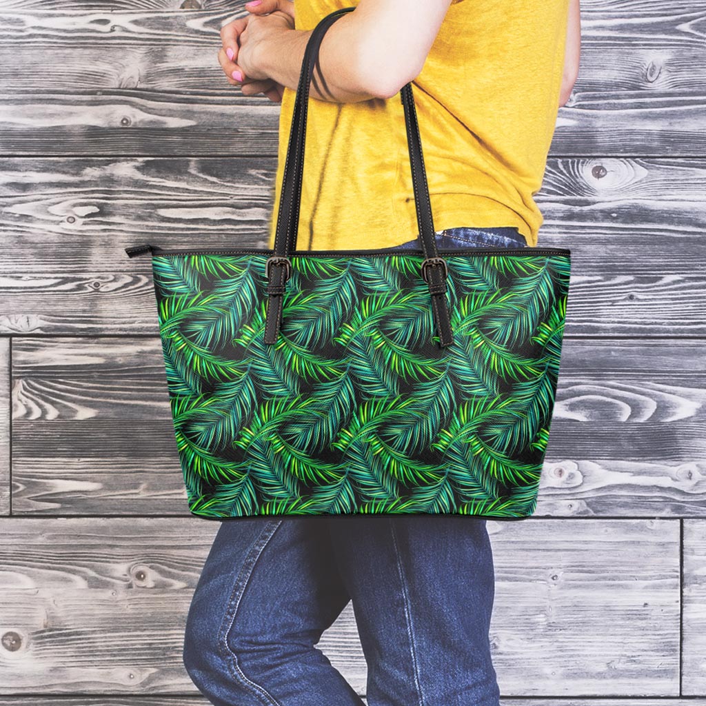 Night Tropical Palm Leaves Pattern Print Leather Tote Bag