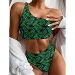 Night Tropical Palm Leaves Pattern Print One Shoulder Bikini Top