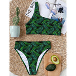 Night Tropical Palm Leaves Pattern Print One Shoulder Bikini Top