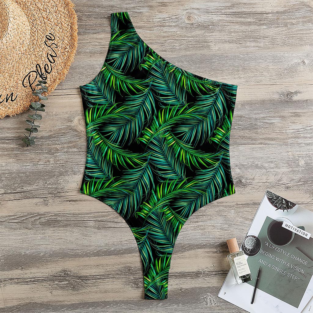 Night Tropical Palm Leaves Pattern Print One Shoulder Bodysuit