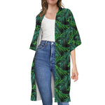 Night Tropical Palm Leaves Pattern Print Open Front Beach Cover Up