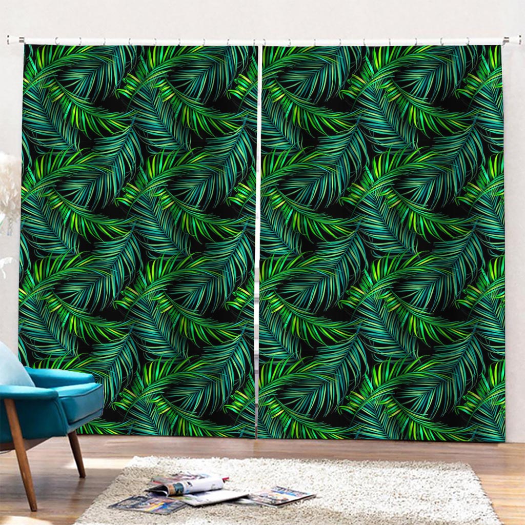 Night Tropical Palm Leaves Pattern Print Pencil Pleat Curtains