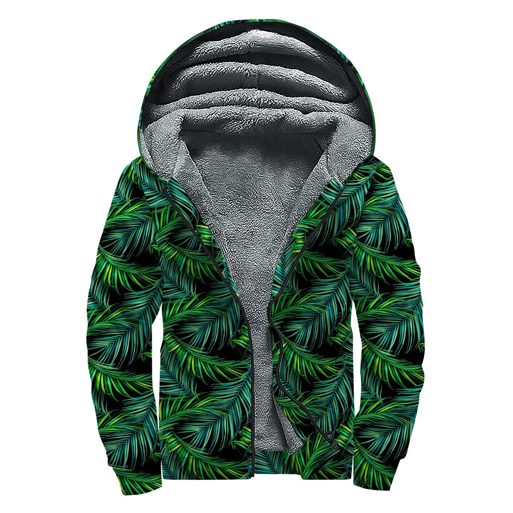 Night Tropical Palm Leaves Pattern Print Sherpa Lined Zip Up Hoodie