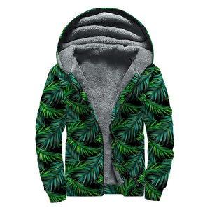 Night Tropical Palm Leaves Pattern Print Sherpa Lined Zip Up Hoodie