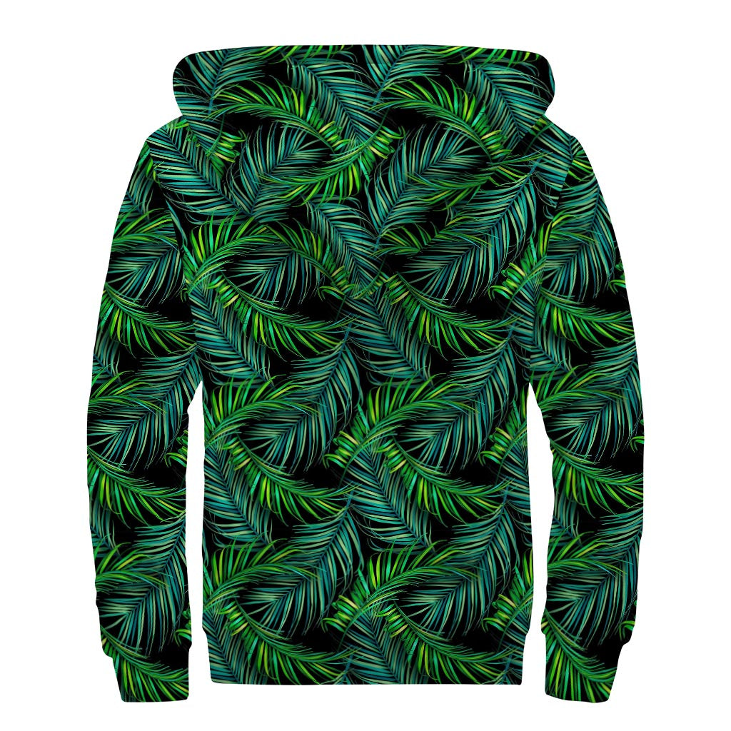 Night Tropical Palm Leaves Pattern Print Sherpa Lined Zip Up Hoodie