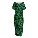 Night Tropical Palm Leaves Pattern Print Short Sleeve Long Nightdress