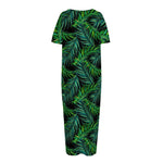 Night Tropical Palm Leaves Pattern Print Short Sleeve Long Nightdress