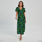 Night Tropical Palm Leaves Pattern Print Short Sleeve Maxi Dress