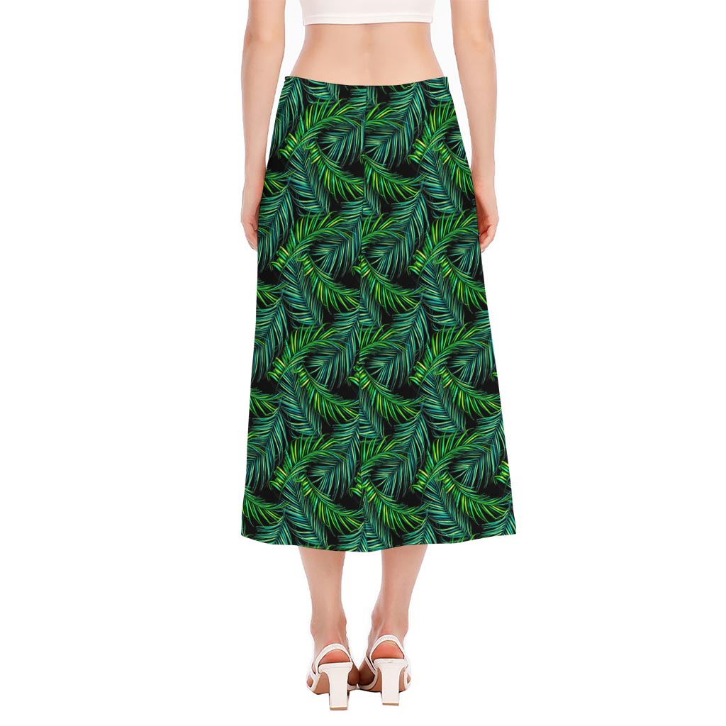 Night Tropical Palm Leaves Pattern Print Side Slit Midi Skirt