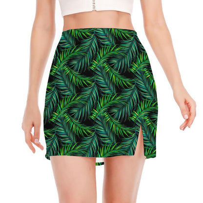 Night Tropical Palm Leaves Pattern Print Side Slit Mini Skirt