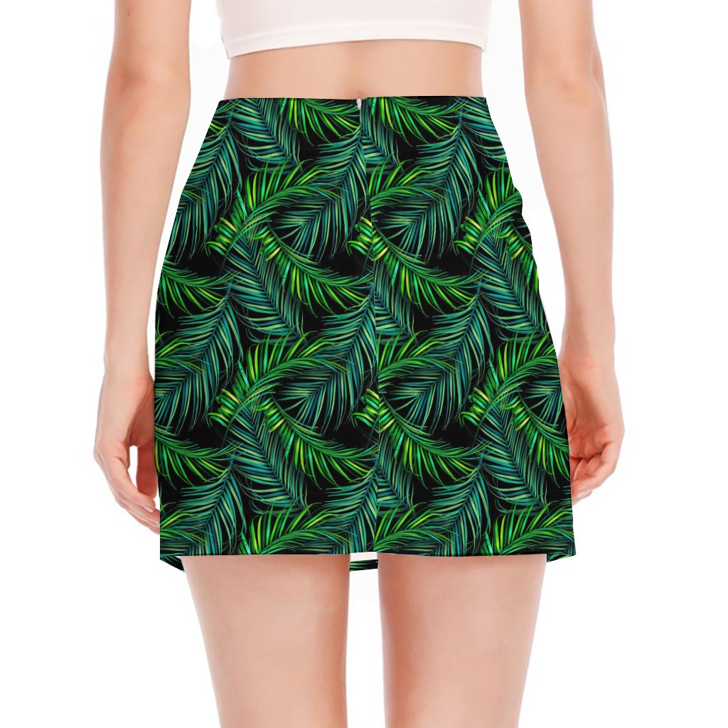 Night Tropical Palm Leaves Pattern Print Side Slit Mini Skirt
