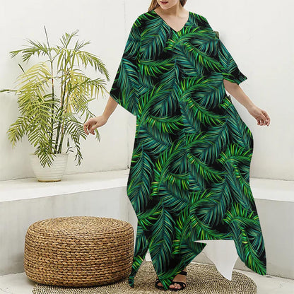 Night Tropical Palm Leaves Pattern Print Silk V-Neck Kaftan Dress