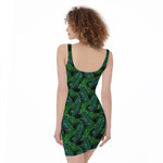 Night Tropical Palm Leaves Pattern Print Sleeveless Bodycon Dress