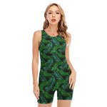 Night Tropical Palm Leaves Pattern Print Sleeveless One Piece Swimsuit