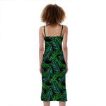 Night Tropical Palm Leaves Pattern Print Slim Fit Midi Cami Dress
