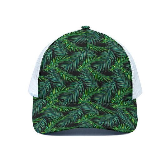 Night Tropical Palm Leaves Pattern Print White Mesh Trucker Cap