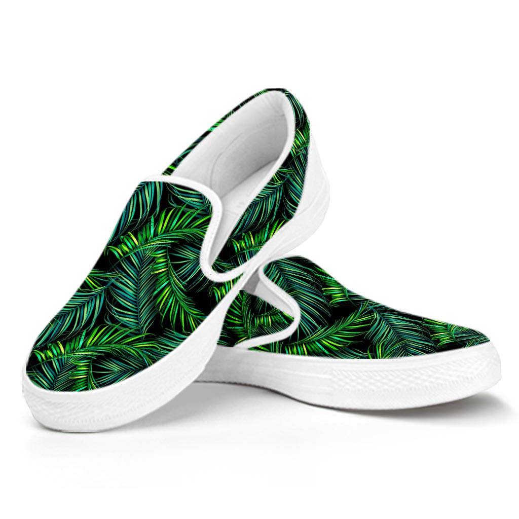 Night Tropical Palm Leaves Pattern Print White Slip On Sneakers