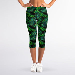 Night Tropical Palm Leaves Pattern Print Women's Capri Leggings