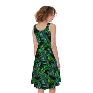 Night Tropical Palm Leaves Pattern Print Women's Sleeveless Dress