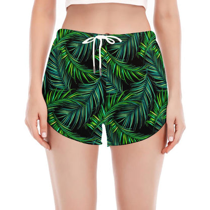 Night Tropical Palm Leaves Pattern Print Women's Split Running Shorts