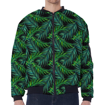 Night Tropical Palm Leaves Pattern Print Zip Sleeve Bomber Jacket