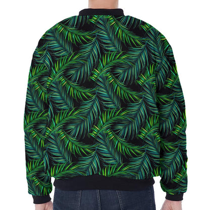 Night Tropical Palm Leaves Pattern Print Zip Sleeve Bomber Jacket
