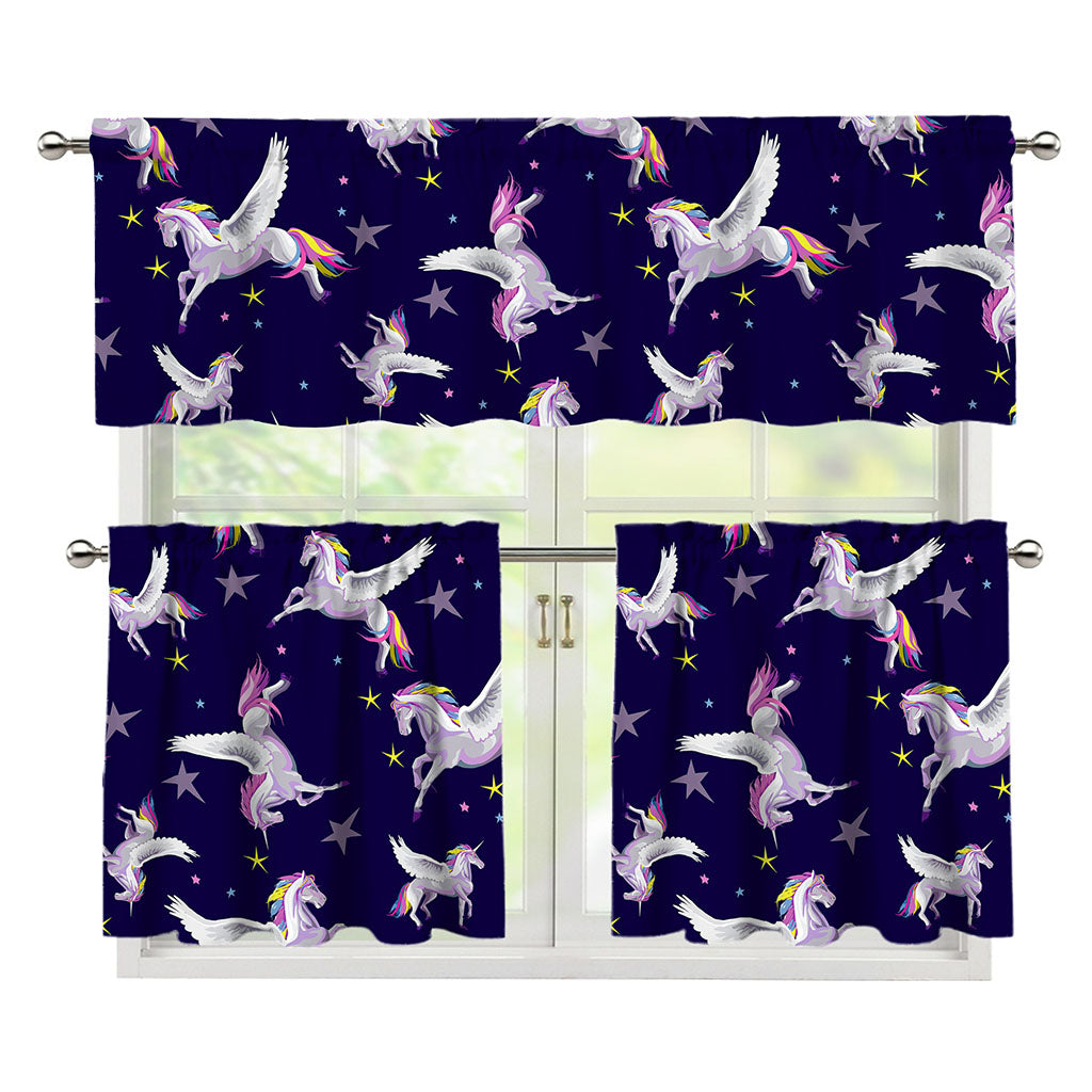 Night Winged Unicorn Pattern Print 3 Piece Kitchen Curtains