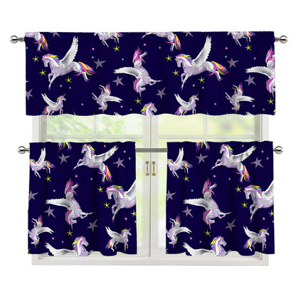 Night Winged Unicorn Pattern Print 3 Piece Kitchen Curtains