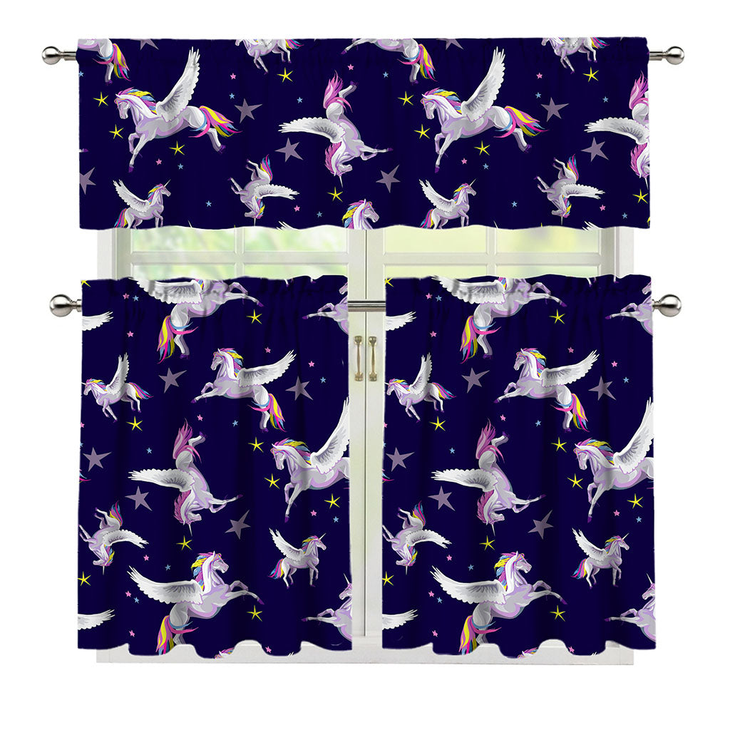 Night Winged Unicorn Pattern Print 3 Piece Kitchen Curtains