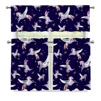 Night Winged Unicorn Pattern Print 3 Piece Kitchen Curtains