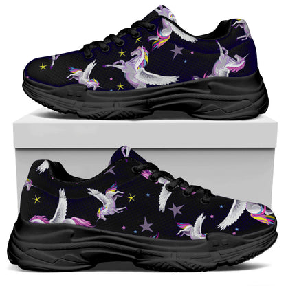 Night Winged Unicorn Pattern Print Black Chunky Shoes