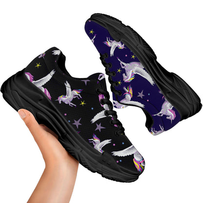 Night Winged Unicorn Pattern Print Black Chunky Shoes
