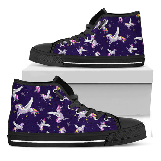 Night Winged Unicorn Pattern Print Black High Top Sneakers