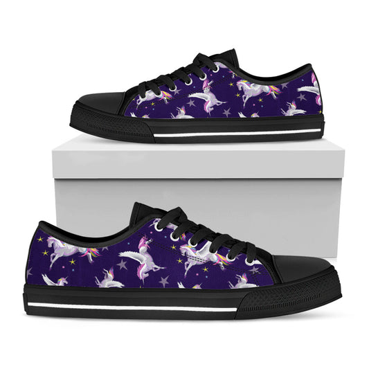Night Winged Unicorn Pattern Print Black Low Top Sneakers