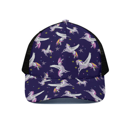 Night Winged Unicorn Pattern Print Black Mesh Trucker Cap