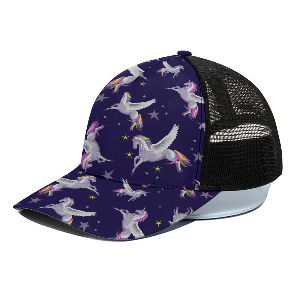 Night Winged Unicorn Pattern Print Black Mesh Trucker Cap